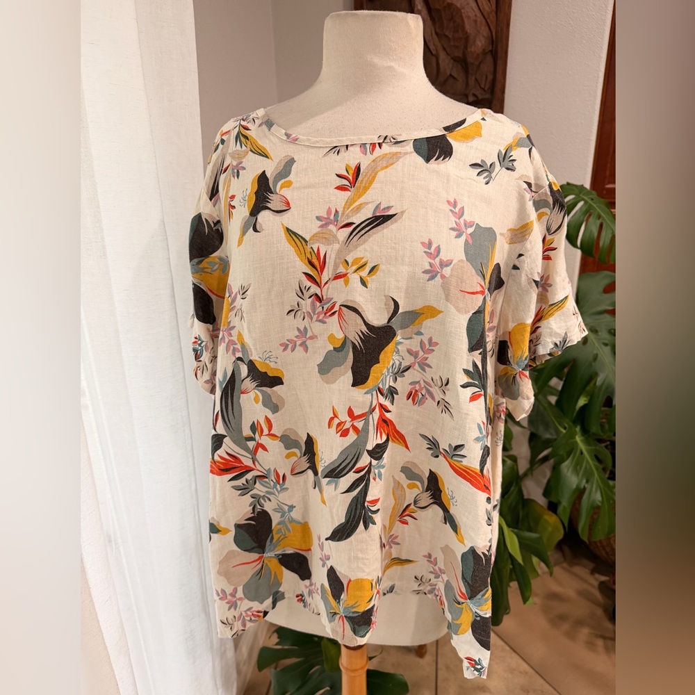 Cynthia Rowley Linen Floral Blouse Cream Short Sleeve Top Size 12‎